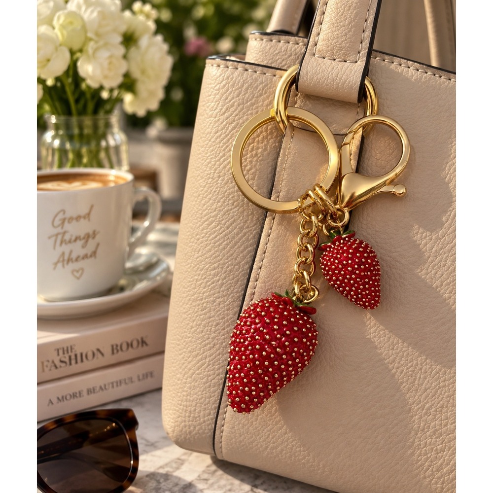 Red Strawberry Enamel Keychain Gold Tone Fruit Bag Charm Lobster Clasp NWT